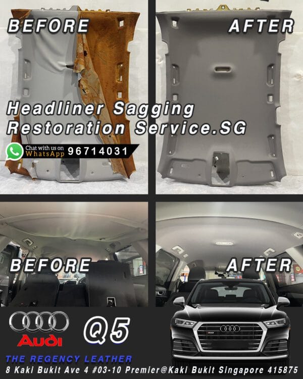 Audi Q5 roof lining sagging repair before and after – The Regency Leather Singapore