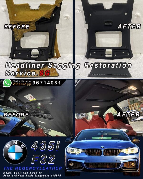 BMW 435i F32 roof lining with sunroof sagging repair before and after – The Regency Leather Singapore