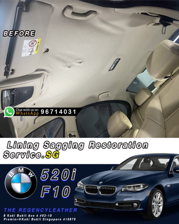 Interior view of a BMW 520i F10 showing sagging roof lining before refurbishment service in Singapore