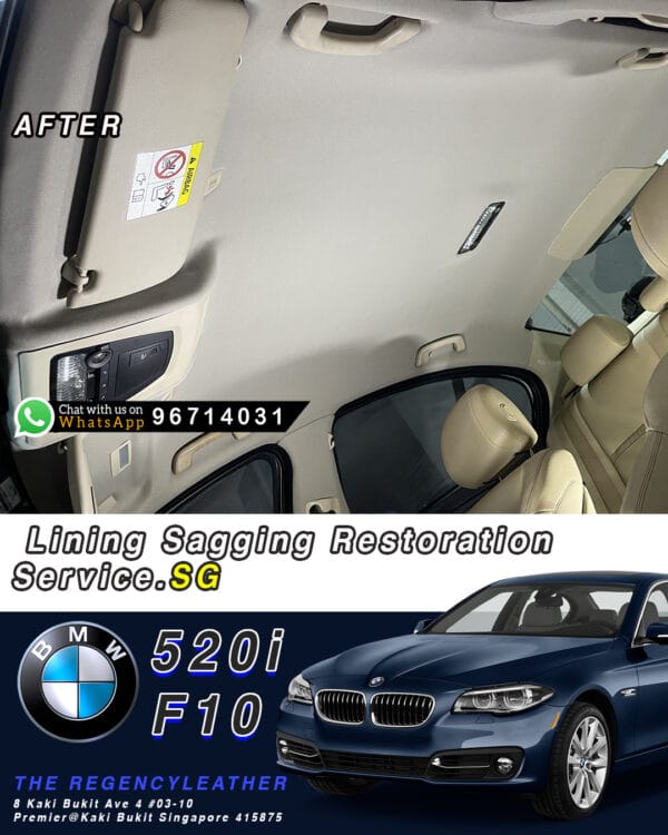 BMW 520i F10 roof lining sagging after repair In Car View – The Regency Leather Singapore