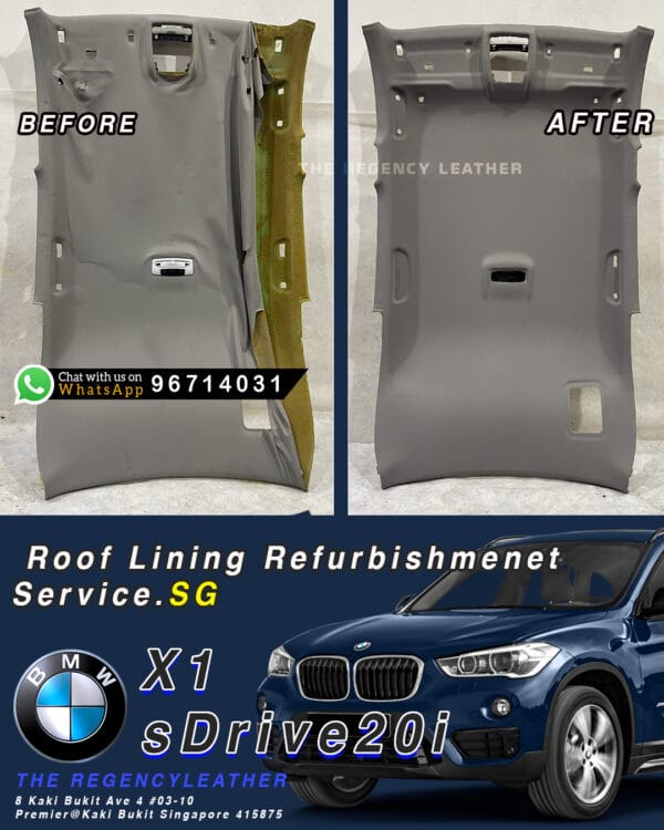 BMW X1 sDrive20i sagging roof lining panel removed from car, shown beside fully refurbished headliner