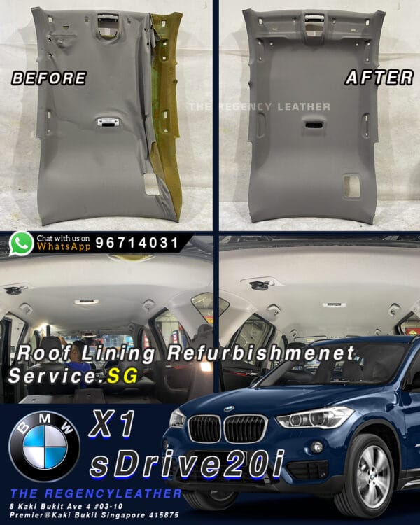 Interior of BMW X1 sDrive20i showing fully restored roof lining after professional refurbishment service in Singapore