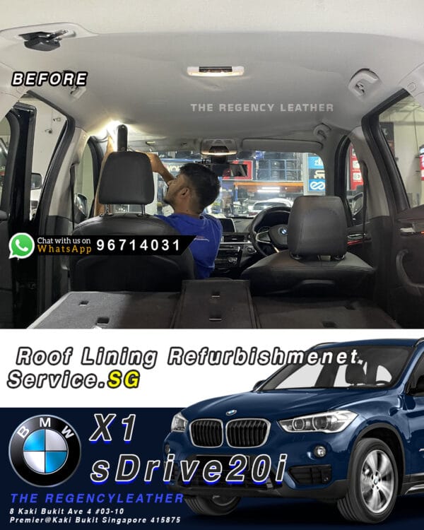 Interior view of a BMW X1 sDrive20i showing sagging roof lining before refurbishment service in Singapore