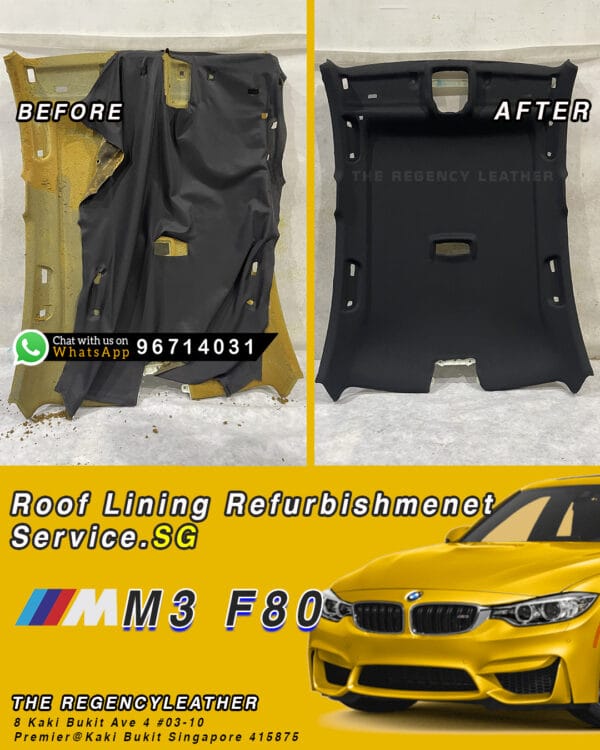 BMW M3 F80 sagging roof lining panel removed from car, shown beside fully refurbished headliner