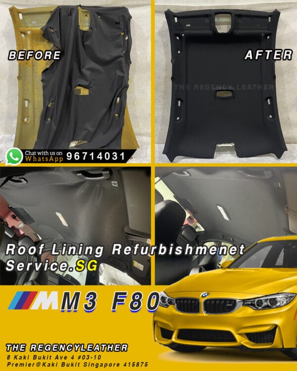 Interior of BMW M3 F80 showing fully restored roof lining after professional refurbishment service in Singapore