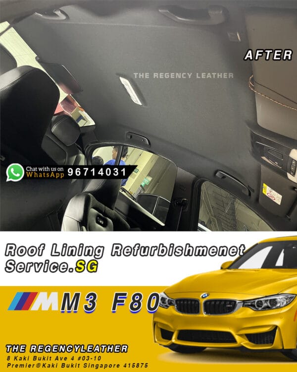 BMW M3 F80 roof lining sagging after repair In Car View – The Regency Leather Singapore