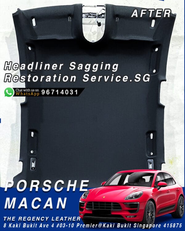 Restored Porsche Macan roof lining panel after refurbishment in black fabric finish