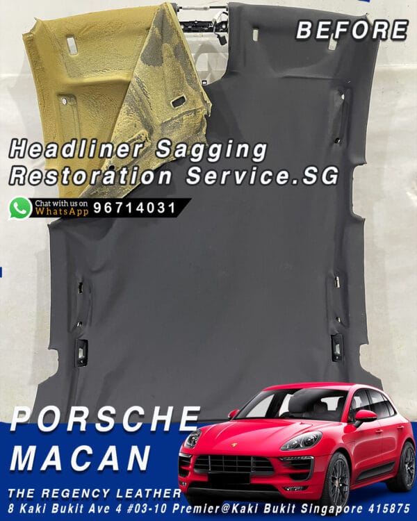 Sagging roof lining panel removed from Porsche Macan before refurbishment, showing deteriorated foam and fabric