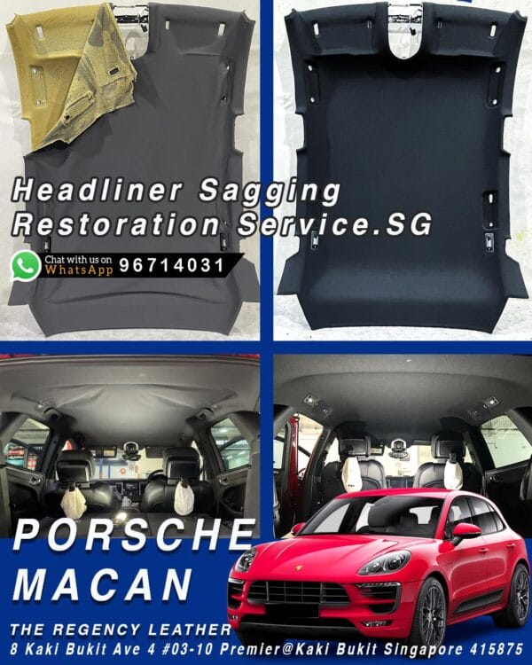 Porsche Macan roof lining sagging repair before and after – The Regency Leather Singapore