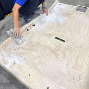 Step 5: Neutralizing Adhesive Residue, A crucial step in the roof lining restoration process involves neutralizing any remaining adhesive on the roof board surface. This ensures a clean slate for the new fabric application, eliminating stickiness and promoting a strong bond.