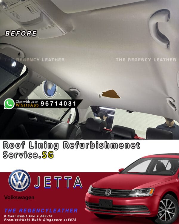 Interior view of a Volkswagen Jetta showing sagging roof lining before refurbishment service in Singapore