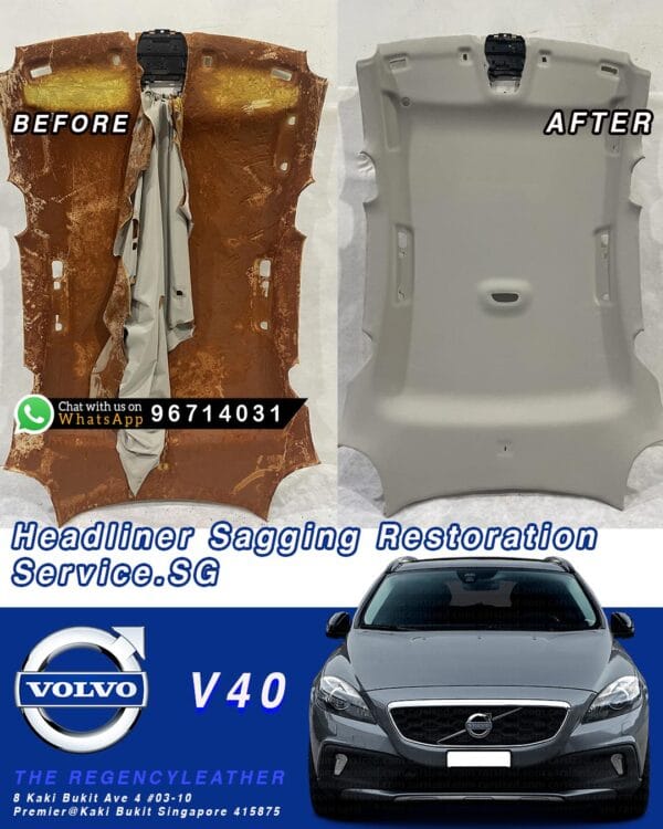 Volvo V40 sagging roof lining panel removed from car, shown beside fully refurbished headliner