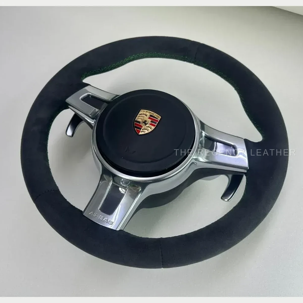 Porsche 911 GT3 991.1 full Alcantara steering wheel retrim with green stitching
