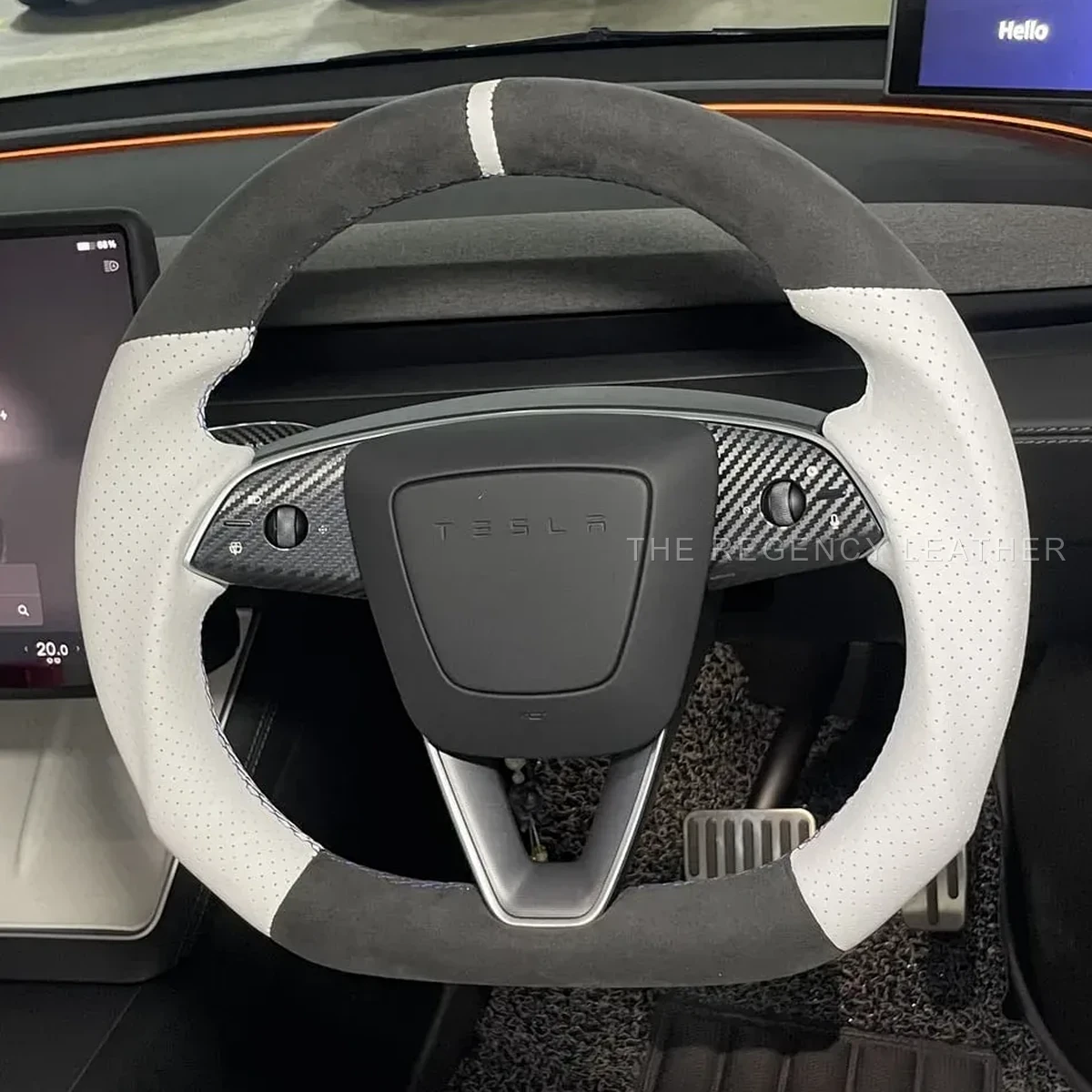 Tesla Model Y white leather and Alcantara steering wheel wrap in Singapore