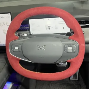 Xpeng G6 red Alcantara steering wheel retrim with yellow stitching in Singapore