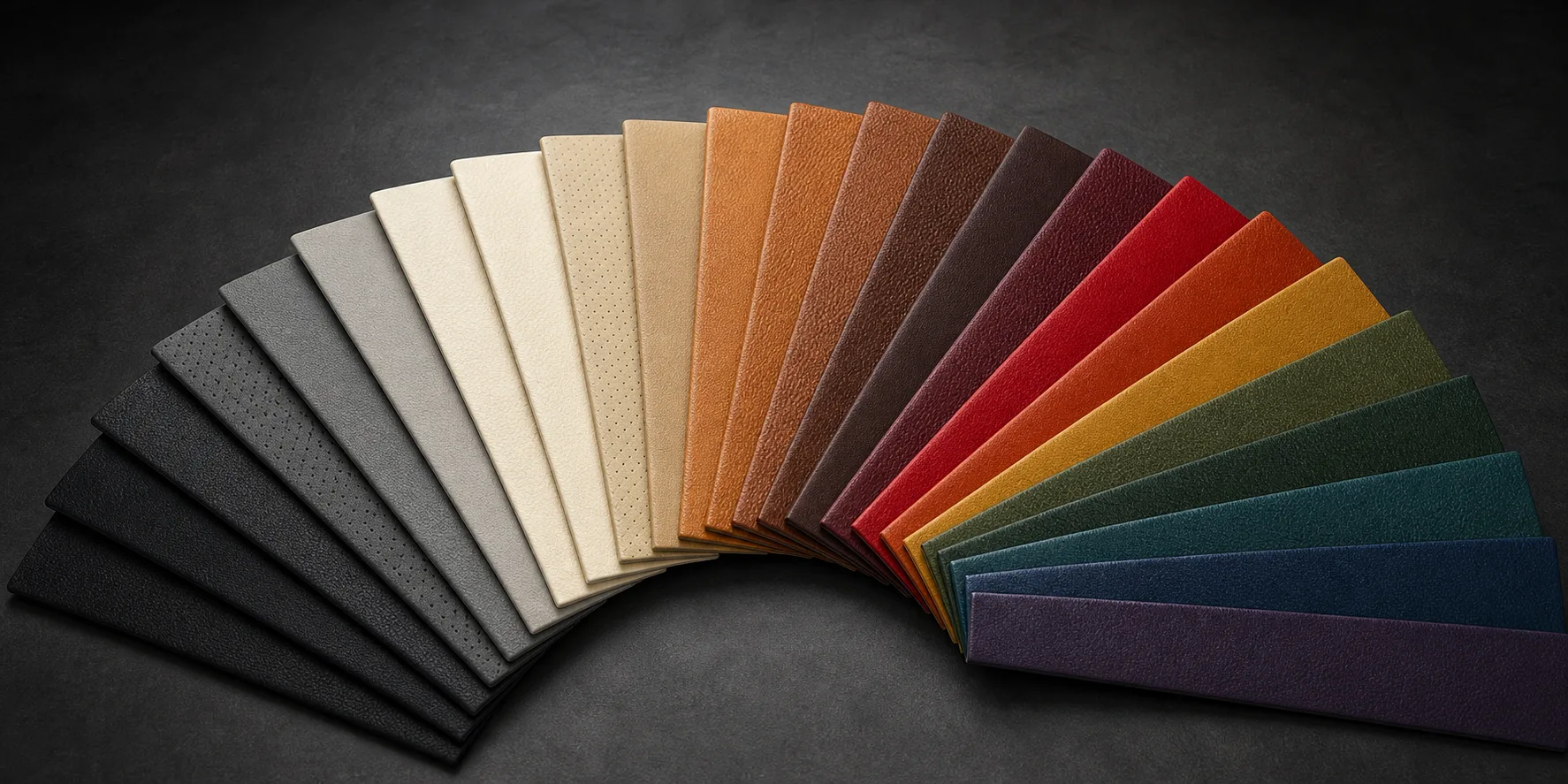 Automotive leather colour swatches showing neutral, brown, red, blue and green upholstery options
