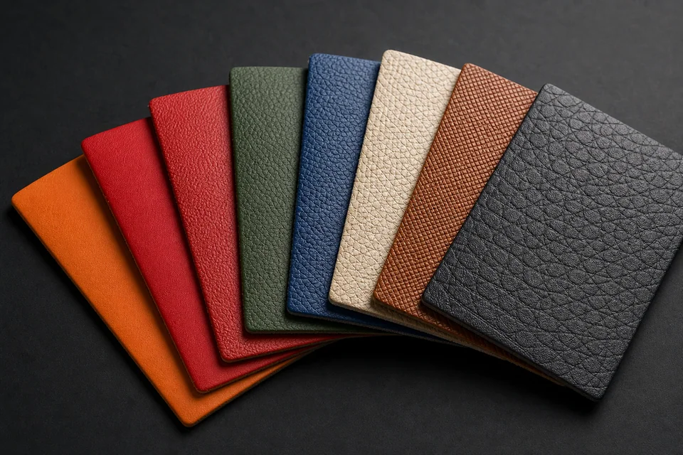 Colourful automotive leather grains from fine Nappa to coarse embossed textures