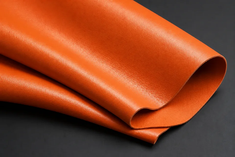Luxury orange Automotive Nappa leather with fine grain, satin sheen and approximately 1.1–1.2 mm thickness