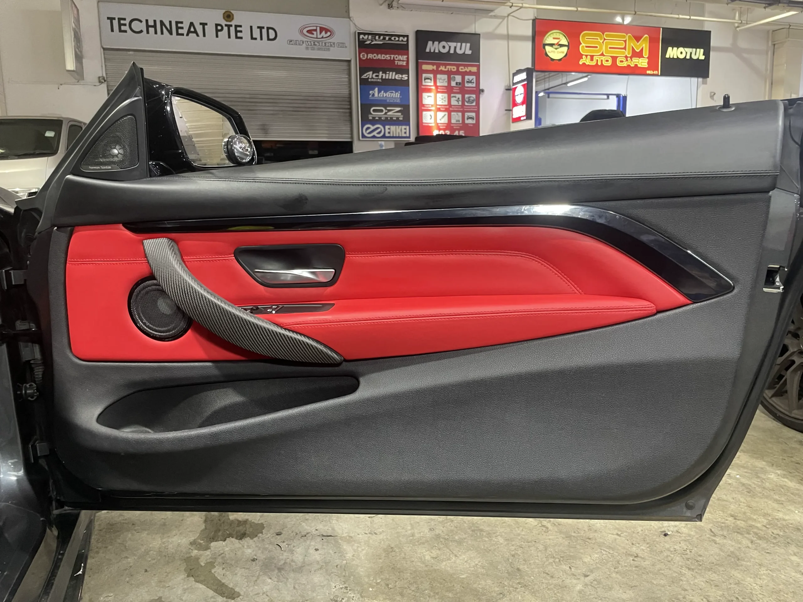 BMW 435i F32 front right driver door panel upholstered in red leather