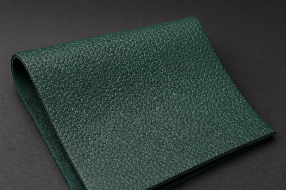 Alpine green corrected-grain automotive leather with uniform embossed pebble texture