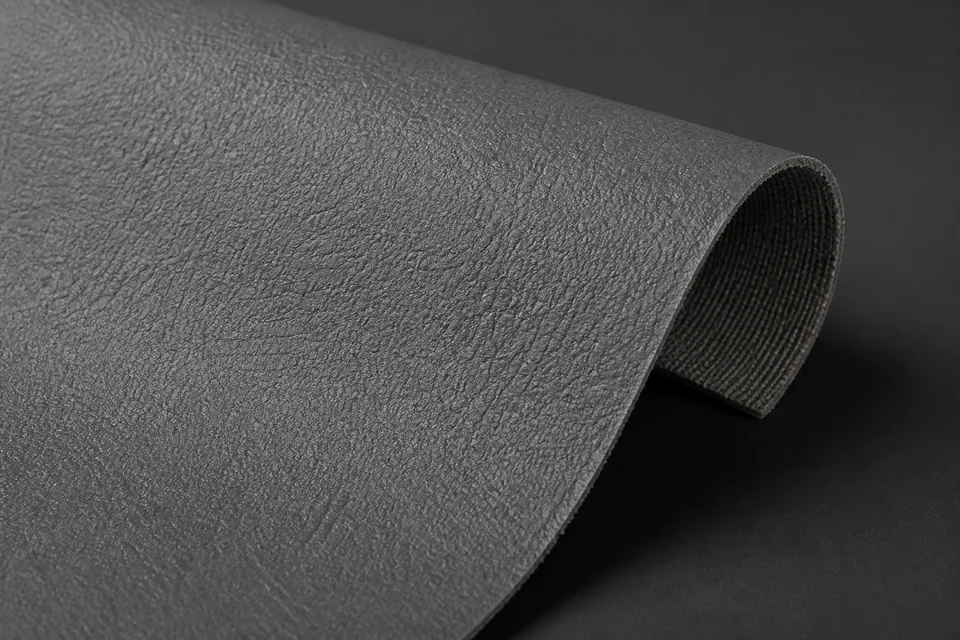 Graphite grey PVC leather with embossed grain and woven backing