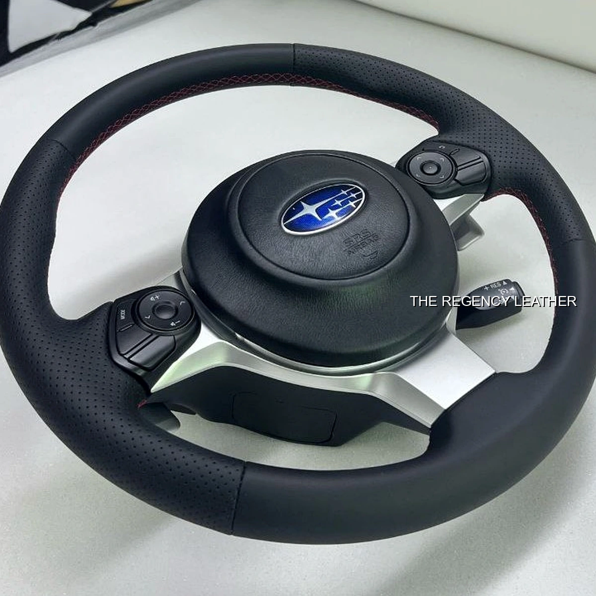 Subaru BRZ Nappa and perforated leather steering wheel wrap with red stitching