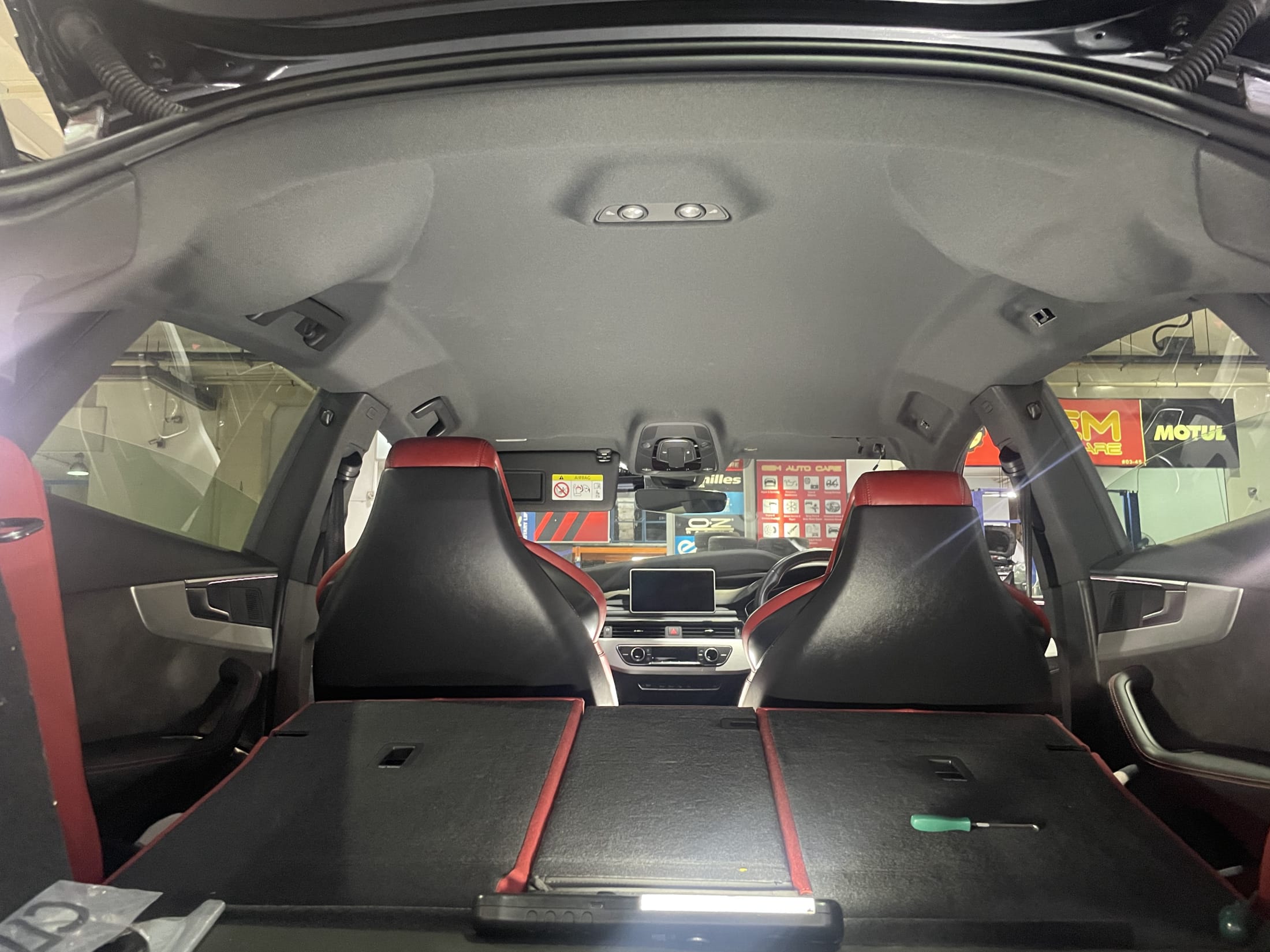 Audi S5 Sportback F5 sagging black roof lining before headliner repair
