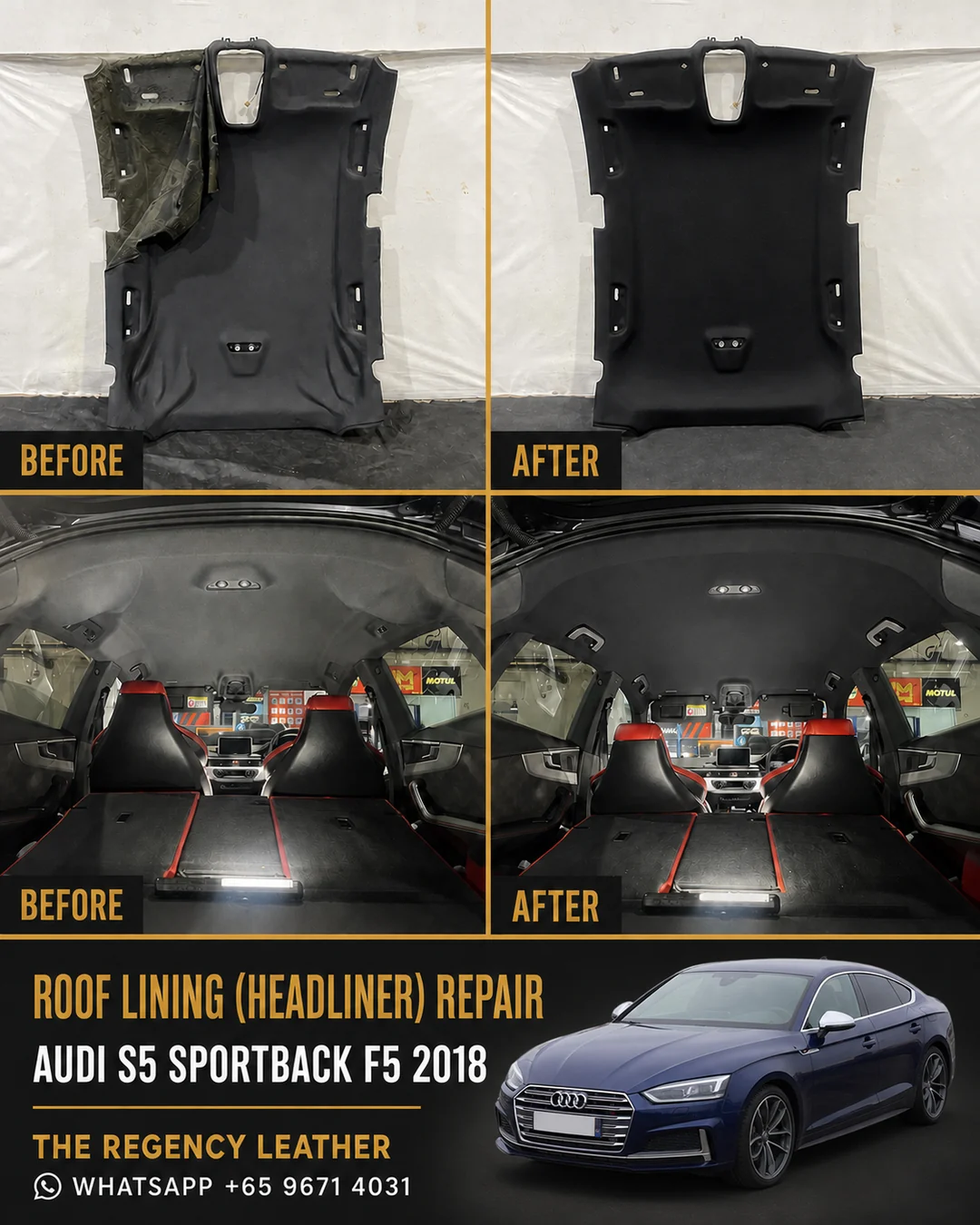 Audi S5 Sportback F5 black roof lining (headliner) repair before and after in Singapore