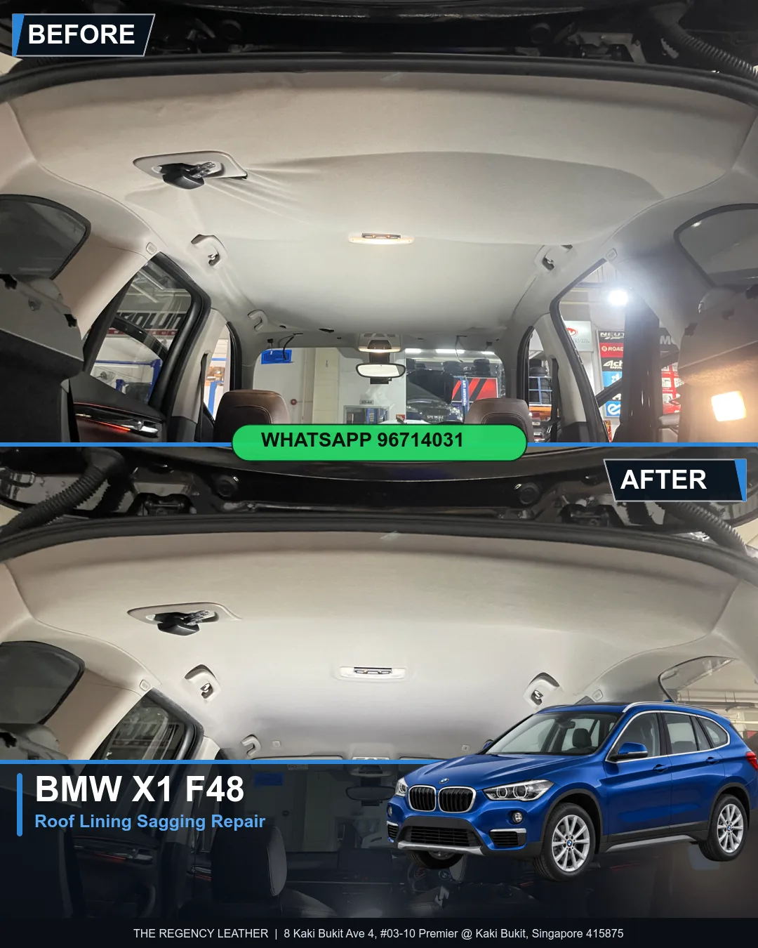 BMW X1 sDrive20i F48 interior roof lining (headliner) before and after sagging repair