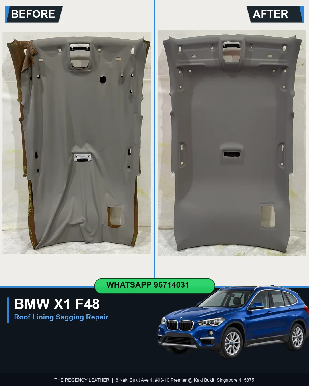 BMW X1 sDrive20i F48 roof lining (headliner) removed board before and after sagging repair