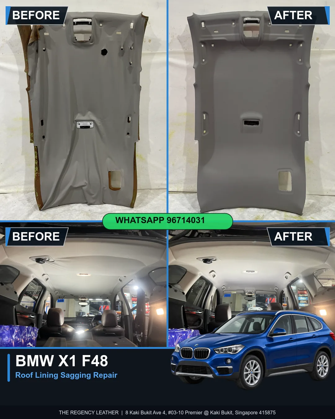 BMW X1 sDrive20i F48 roof lining (headliner) sagging repair case before and after