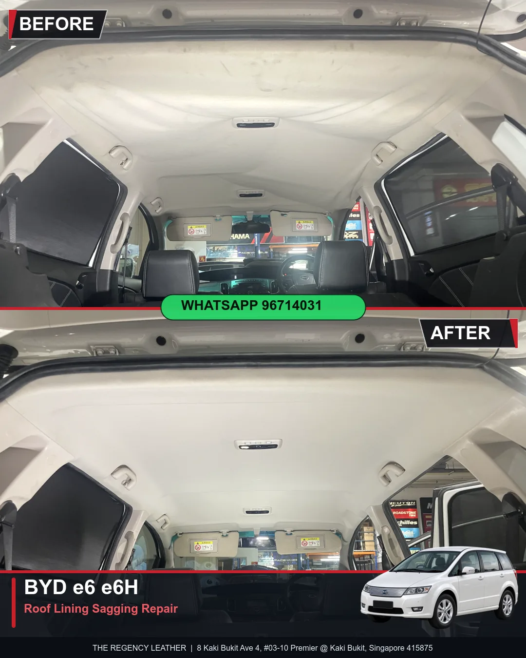 BYD e6 e6H interior roof lining (headliner) before and after sagging repair