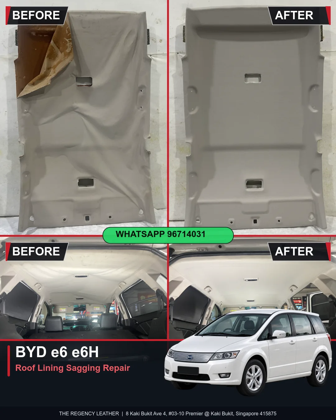 BYD e6 e6H roof lining (headliner) sagging repair before and after in Singapore