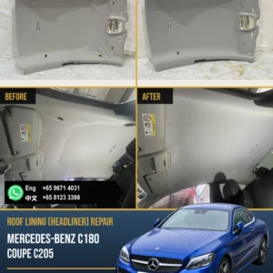 Mercedes-Benz C180 Coupe C205 roof lining (headliner) repair before and after in Singapore