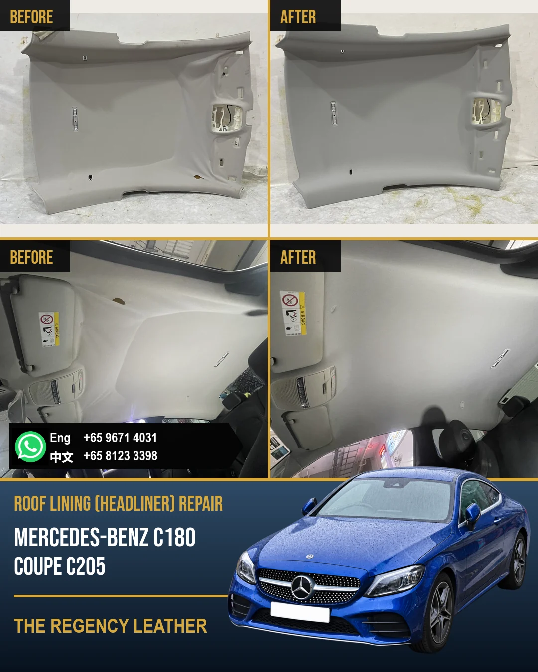 Mercedes-Benz C180 Coupe C205 roof lining (headliner) repair before and after in Singapore