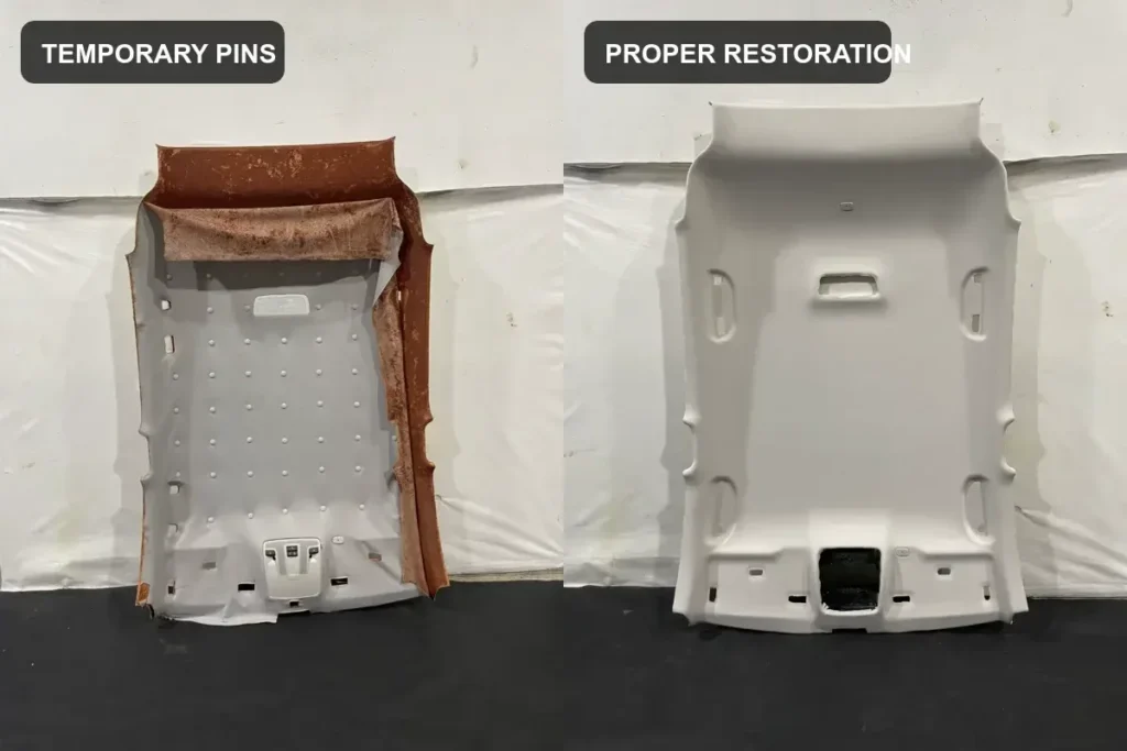 Sagging car roof lining headliner with temporary plastic pins compared with properly restored headliner board