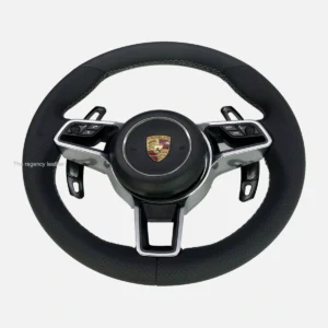 Porsche Macan 95B steering wheel rewrapped in Agate Grey Nappa leather with perforated grips