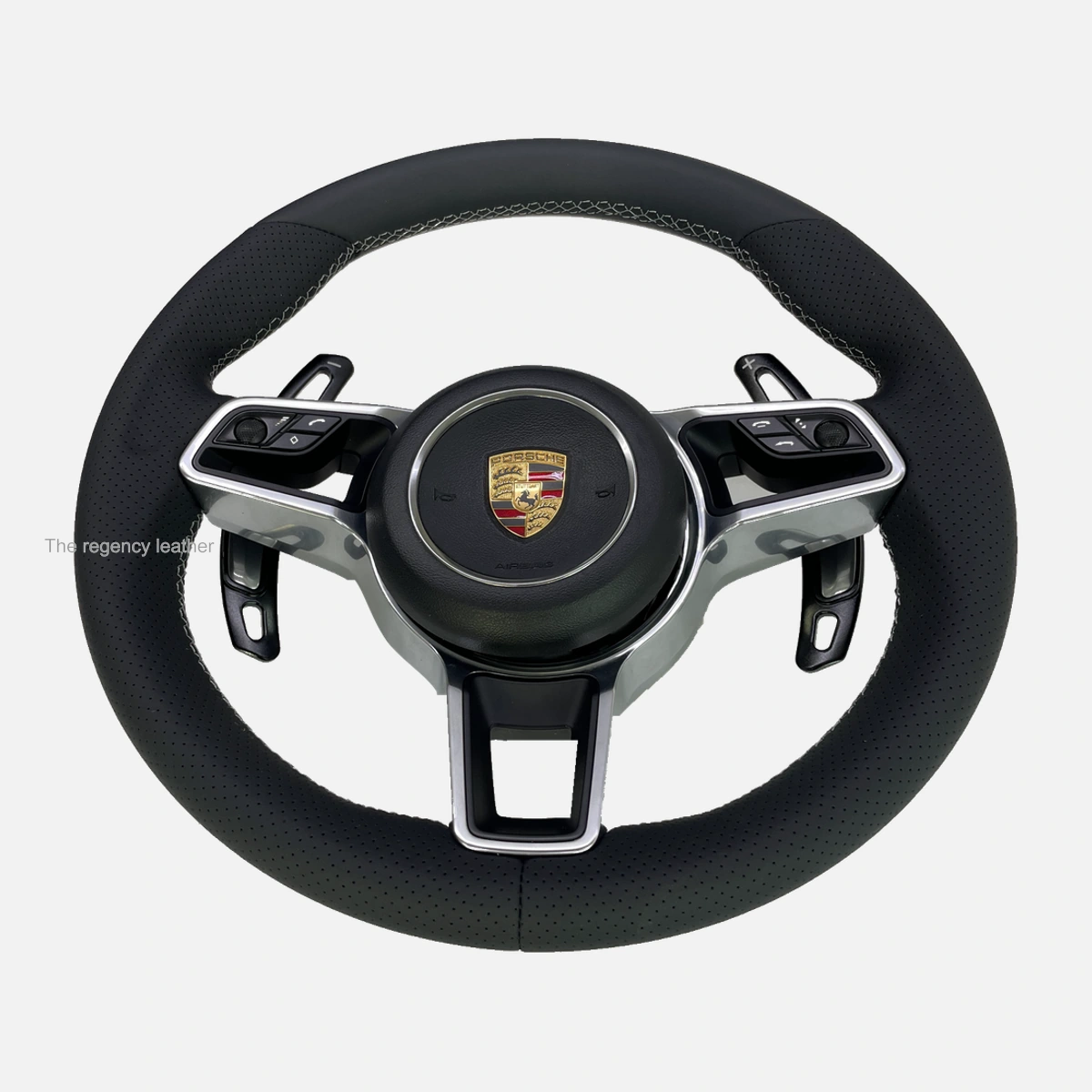 Porsche Macan 95B steering wheel rewrapped in Agate Grey Nappa leather with perforated grips