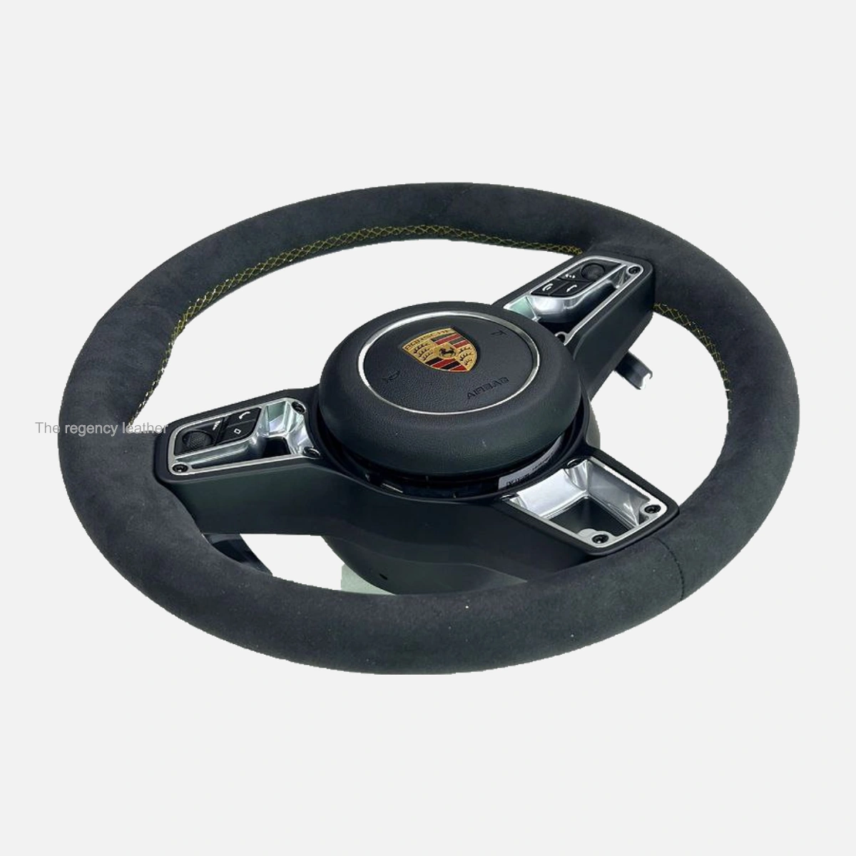 Full Alcantara Porsche 718 steering wheel rewrap with custom yellow stitching angled view